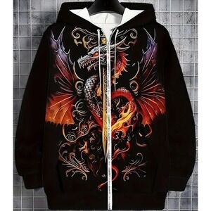 Dragon Sword Graphic Zip Up Hoodie Mens Fantasy Art Zip Up Sweatshirt